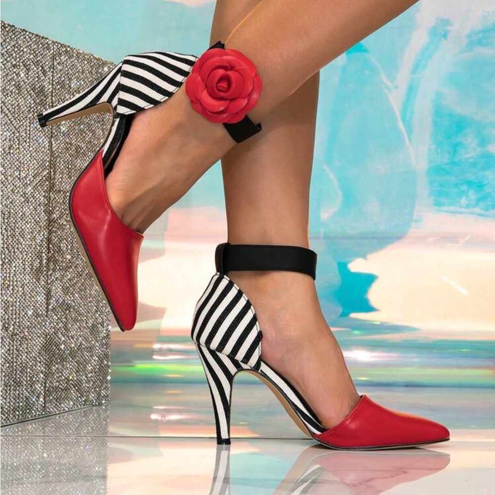 Red and Black Striped Women's Heels